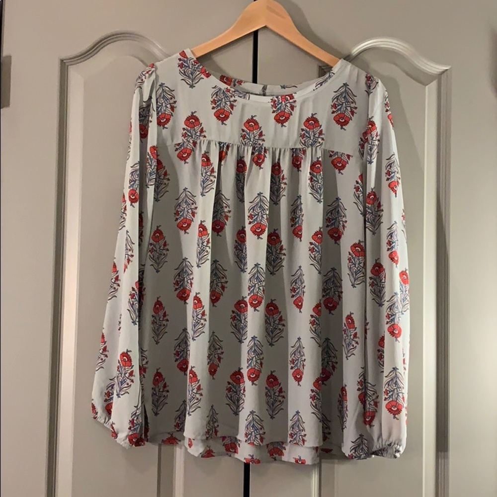 Loft grey long sleeve blouse red blue floral sz L